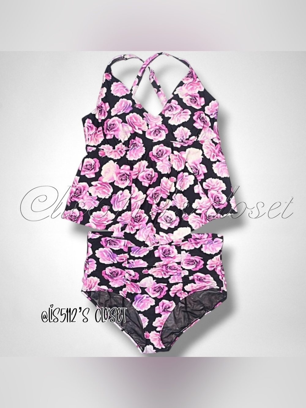 Torrid Pink & Purple Roses Black Tankini & Ruched Bottoms 2pc Swimsuit SET 1X - Picture 3 of 12